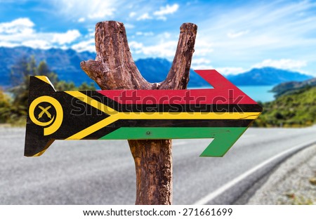 Vanuatu Flag wooden sign with road background