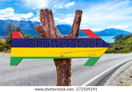 Mauritius Flag wooden sign with road background