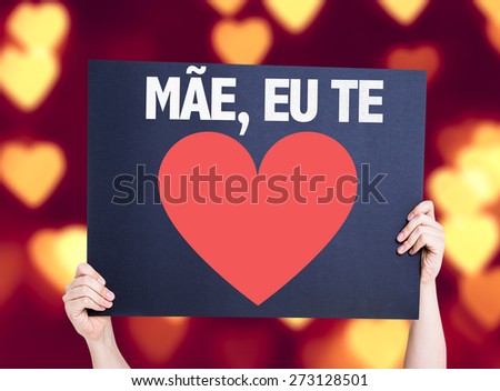 Mother I Love You (in Portuguese) card with heart bokeh background