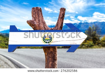 El Salvador Flag wooden sign with road background