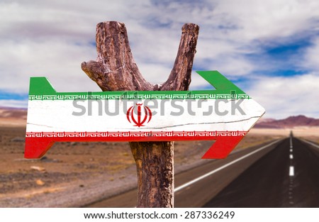Iran Flag wooden sign with desert road background