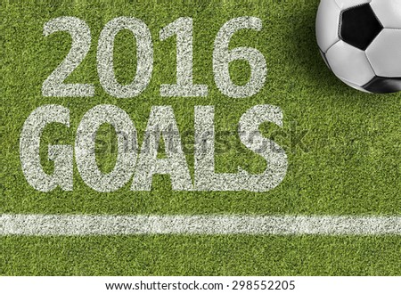 Soccer field with the text: 2016 Goals