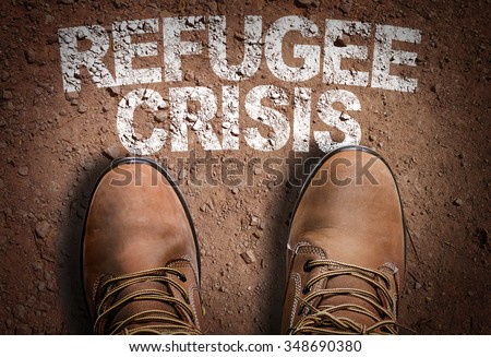 Top View of Boot on the trail with the text: Refugee Crisis