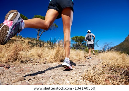 Marathon Running Athletes Couple Training On Trail Fitness Sport Active Lifestyle
