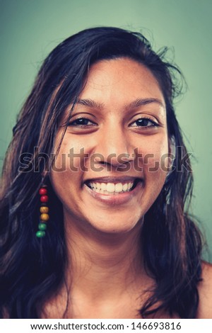 Smiling Portrait Face Of Real Woman With Retro Colour And High Detail