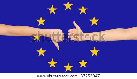 European Union flag with positive and negative hand gestures