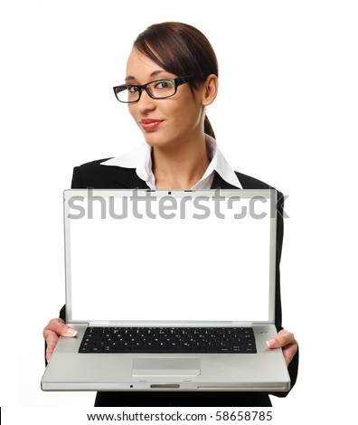 Young successful career woman holds her laptop open, copyspace provided on screen