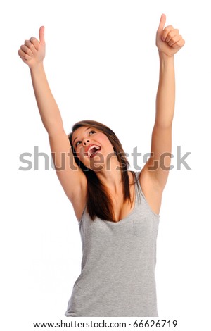 Isolated beautiful girl has her arms raised and thumbs up to signify a job well done