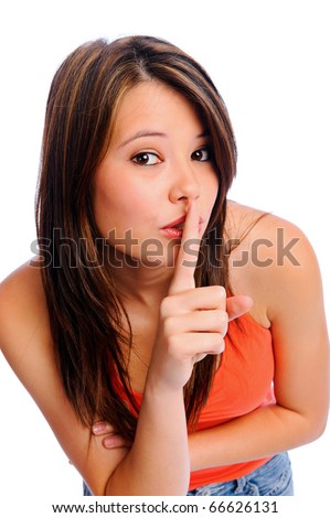 stock photo Gorgeous girl with finger on lips gesturing for quiet