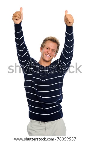 Happy blond man stretches his arms out with thumbs up, isolated on white