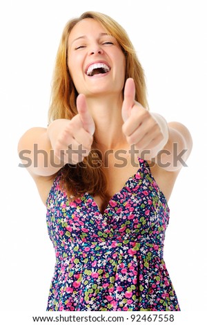 Beautiful close up portrait of a woman with both thumbs up for a job well done