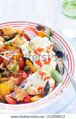Fresh vegetable salad with tomatoes, onion, micro greens and mozzarella cheese