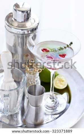Silver tray holding a martini with pomegranate seeds and thyme sprig and cocktail making equipment tools