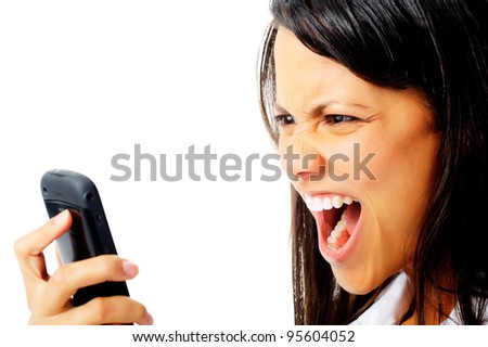 woman has an angry emotion reaction while screaming at her cell phone