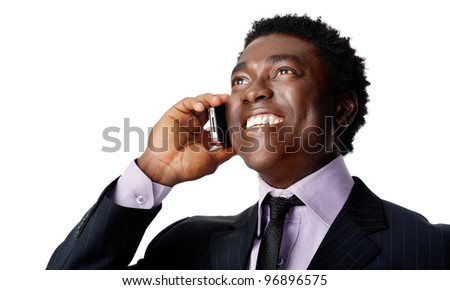 Happy business conversation african man laughing and chatting on the phone