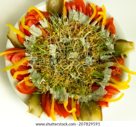 Wheat sprouts salad with tomato, pepper and eggplant