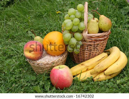 fruit in a basket in a grass on  a lawn