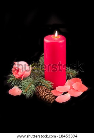 candle red with flame and scarlet rose with petals on black background