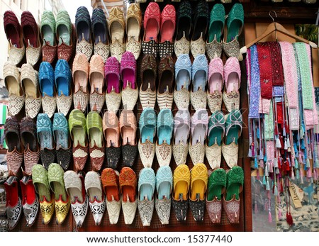 Arabic slippers in a shop window.