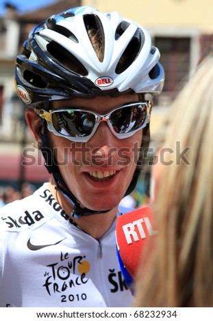SALLES DE BEARN - JULY 23: Cyclist Andy Schleck is giving interview before start of 18 stage of Tour de France 2010, July 23, 2010 Tour de France in Salies de Bearn.