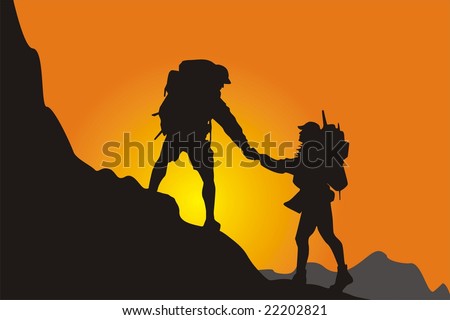 Mountain climbing canvasser, climb the very high summit of hill in top,