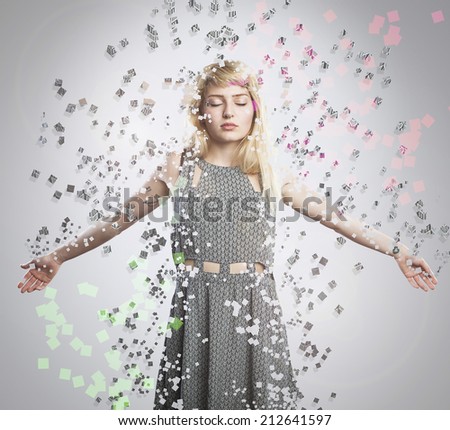 artistic portrait of a young beautiful blonde woman, explosion dispersion effect
