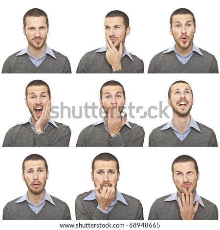 young man face expressions composite isolated on white background