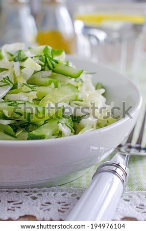 salad of fresh cabbage and cucumber lying portions in white plate