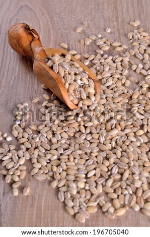 Pearl barley in wooden scoops, sprinkled on the surface