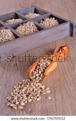 Pearl barley in a wooden box and scoops
