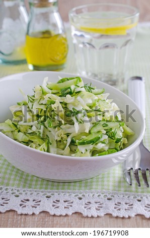 salad of fresh cabbage and cucumber lying portions in white plate