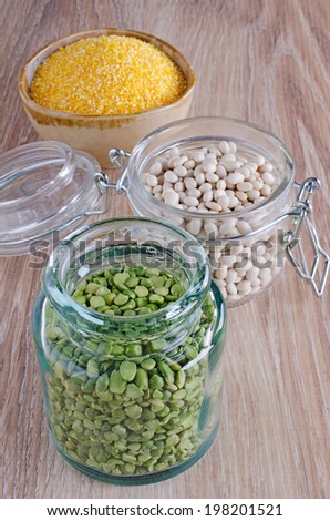 beans, peas and corn milled behind different dishes