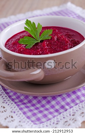 Mashed beet soup Burgundy, served in the plate