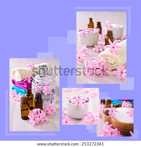 The collage on the theme of the Spa on a blue background with flowers hyacinth