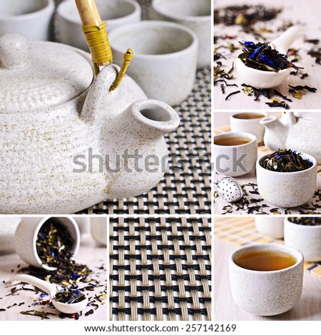 Collage of photos with black tea and ceramic ware