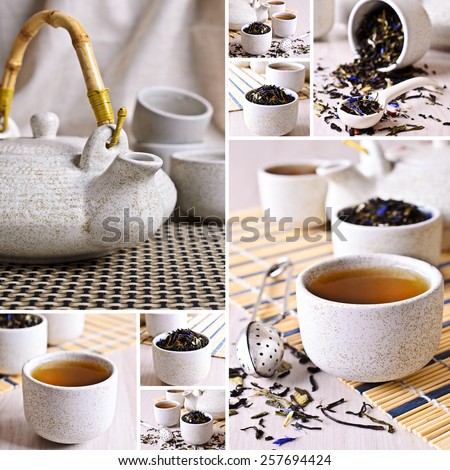Collage of photos with black tea and ceramic ware