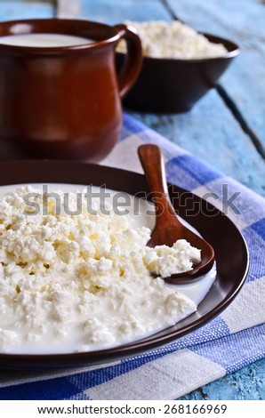 White cheese in ceramic container in the background of milk and yogurt