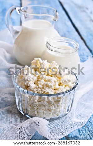White cheese in a glass container in the background of milk and yogurt