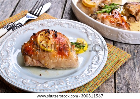 Chicken baked with lemon, mustard and rosemary