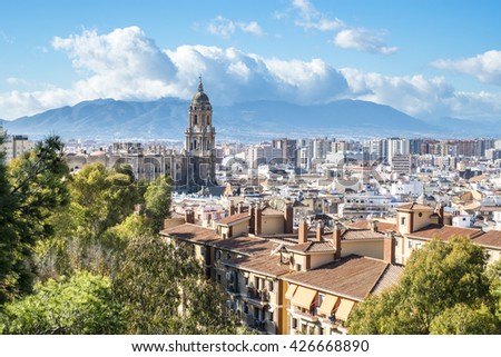 View of the Cathedral of Malaga from the Alcazaba, Andalusia, Spain
