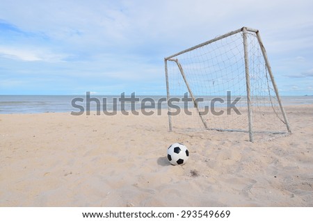 Scene of football stop in front of the goal at the beach