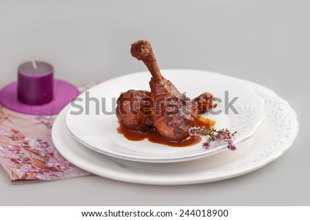 chicken thighs braised in sauce with chocolate and lavender