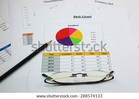 pie chart of skill in your business, black pencil and spectacles