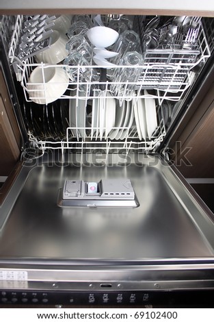 full dishwasher, focus on dishwasher detergent tablet