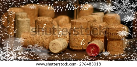happy new year 2016 with wine bottle corks and frost patterns