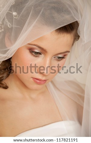 Close-up portrait of  young bride with the veil