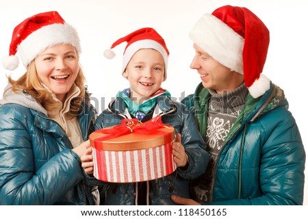 Happy Father,Mother and Son on the White Background,Dressed in Santa Hats ,with Present Box,Close-up