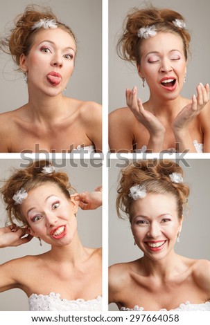 Four funnny  images of a young bride  expressing different emotions.