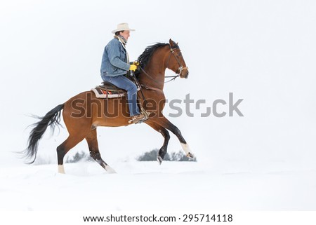 Cowboy riding a bay stallion in winter landscape.