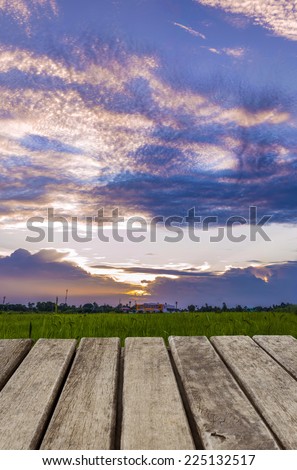 An image of old wood table have rice field as back ground at sunset time